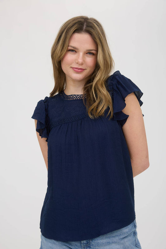 Navy Round Neck Lace Trim Blouse