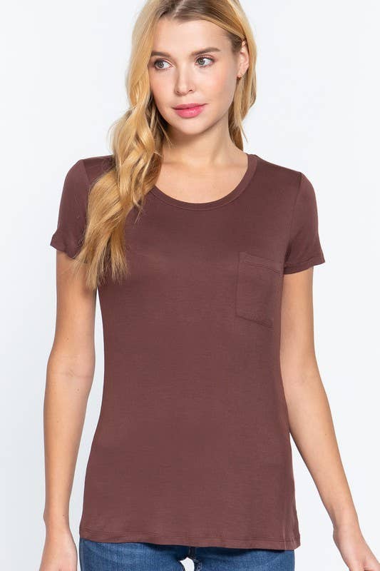 Sepia Brown Short Sleeve Scoop Neck Tee with Pocket