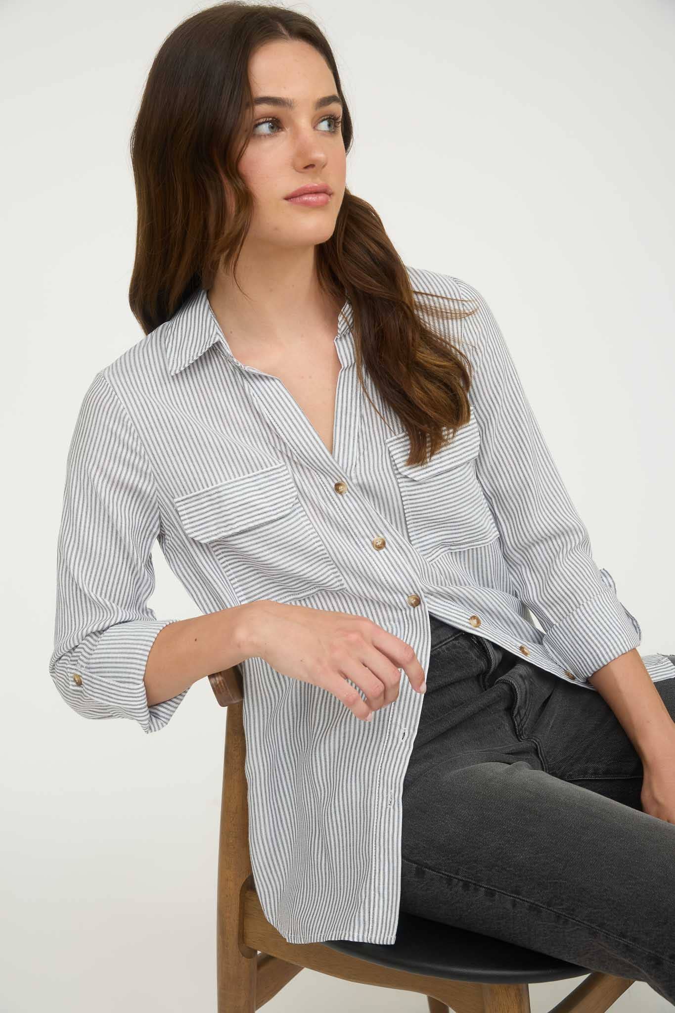 CHARCOAL STRIPED COLLARED BUTTON DOWN WITH POCKETS