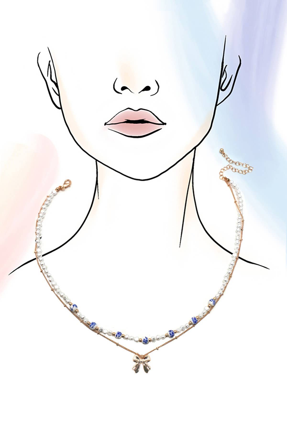 Blue Pearl + Porcelain Layered Bow Necklace