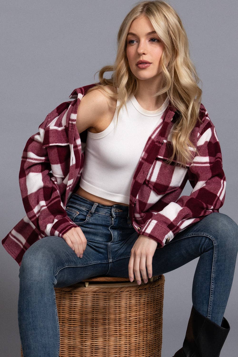 Burgundy Checkered Print Fleece Shacket