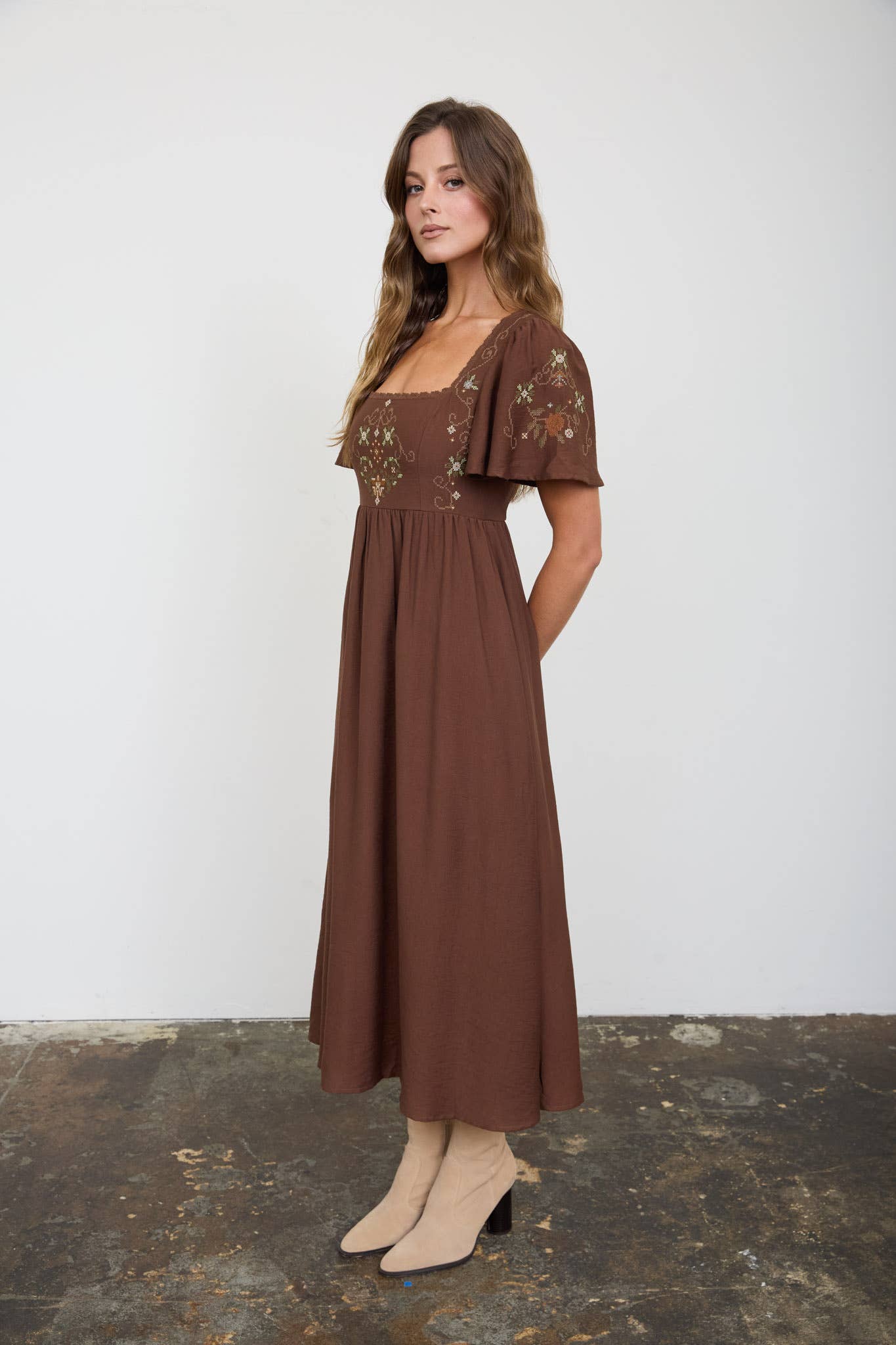 Chocolate Brown Embroidered Bell Sleeve Midi Dress