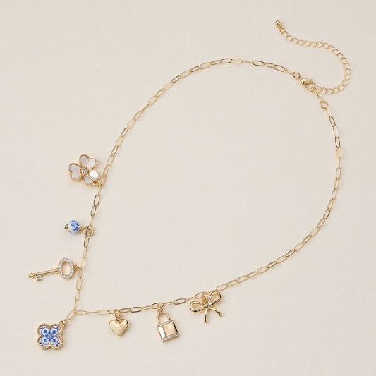 Key, Heart & Floral Accents Gold Charm Necklace