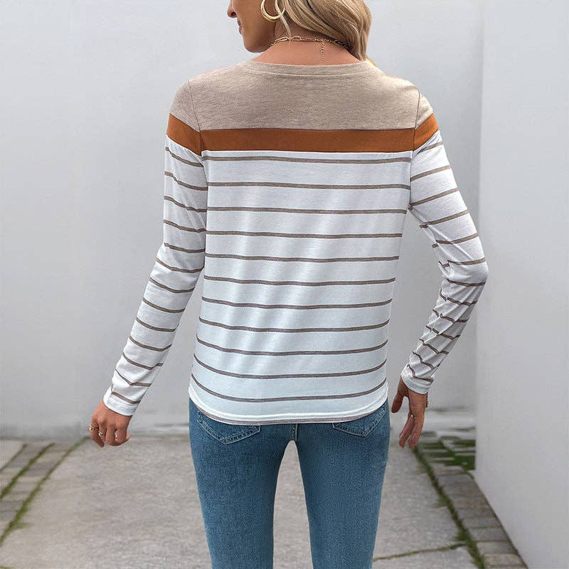 Khaki Colorblock Striped Long Sleeve Top