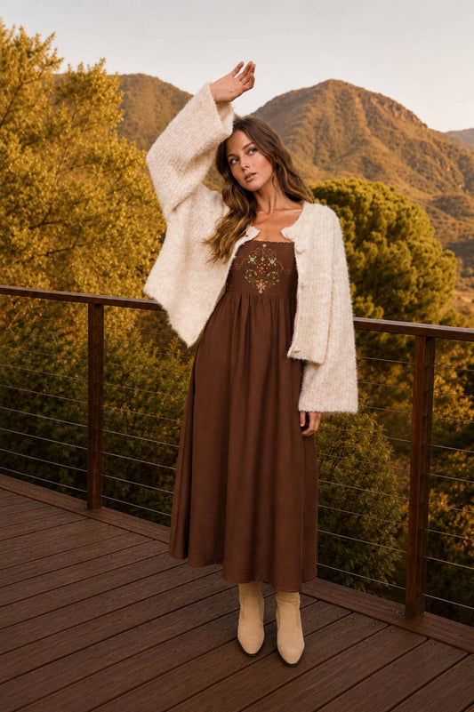 Chocolate Brown Embroidered Bell Sleeve Midi Dress