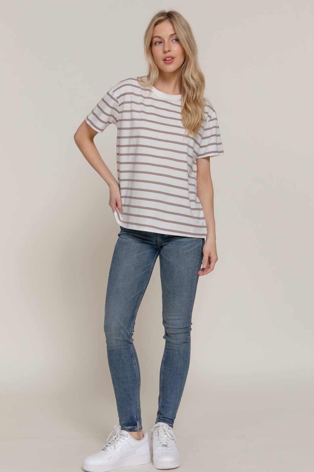 Mocha Short Sleeve Striped Oversized Top
