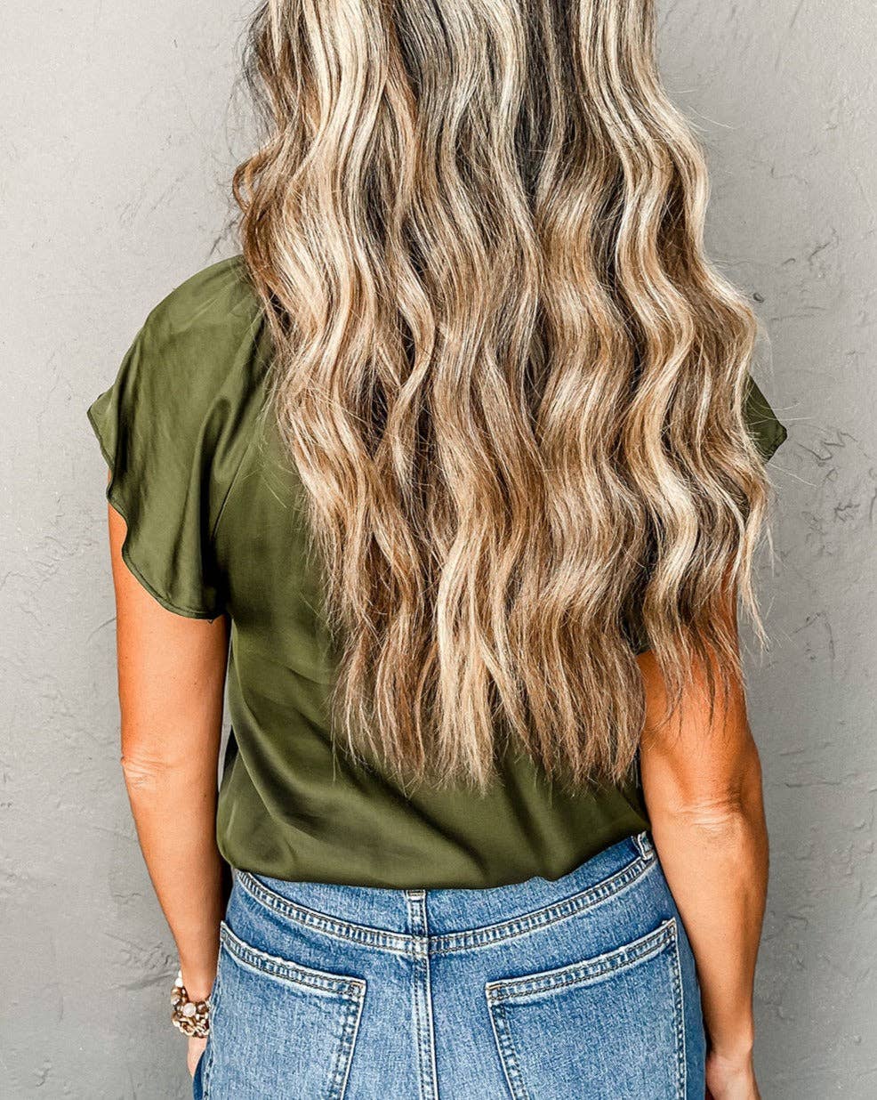 Jungle Green Satin Pleated Flutter Sleeve Top