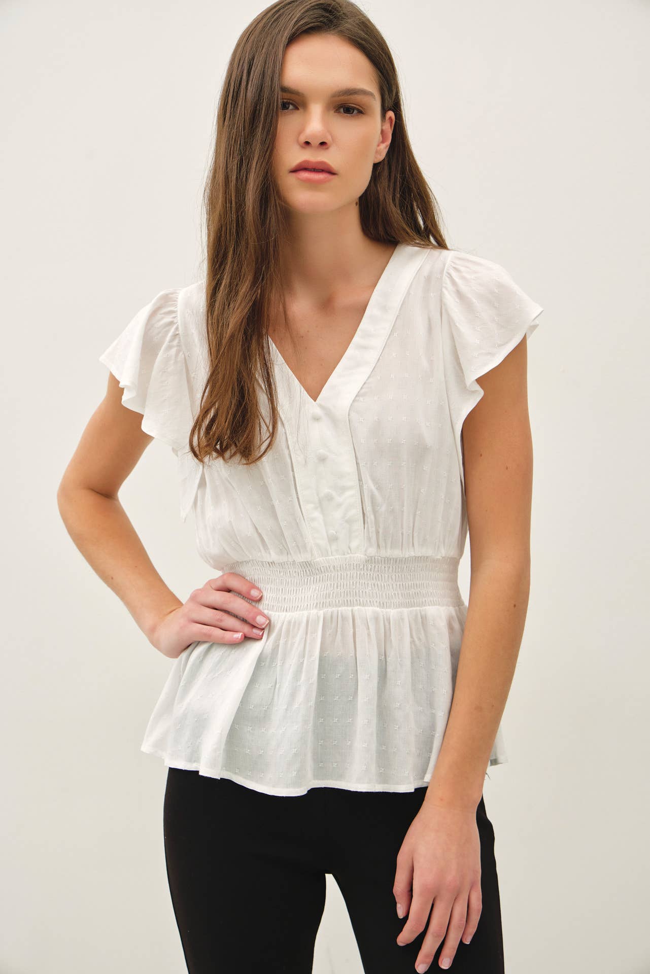 White Smocked Waist Baby Doll Top