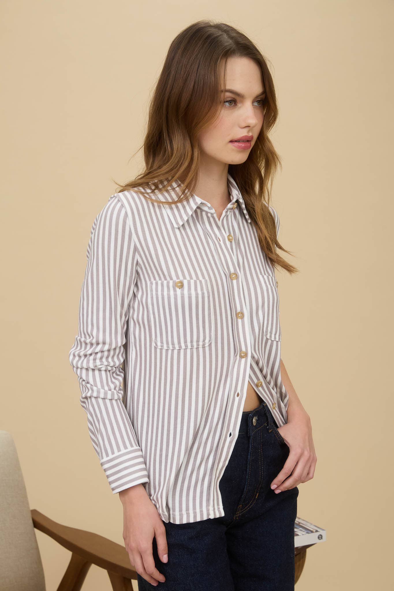 Mocha Striped Collared Long Sleeve Button Down
