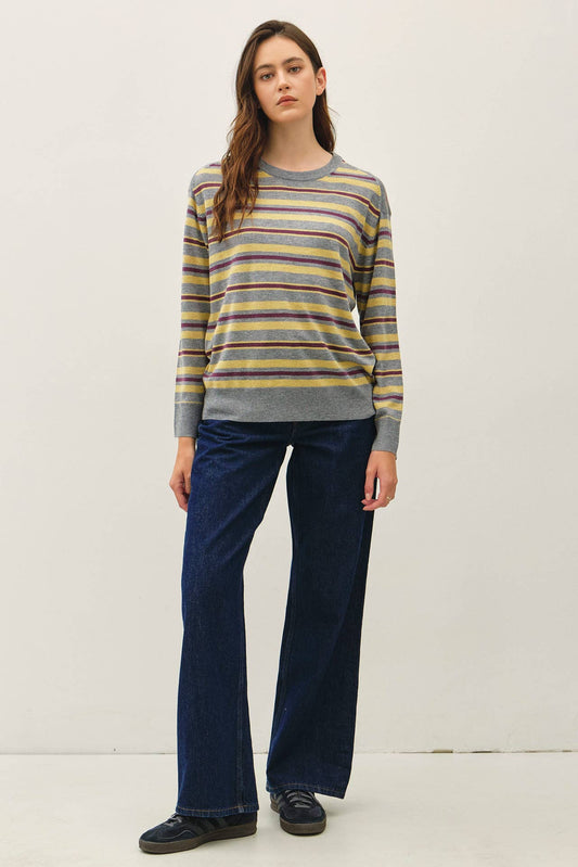 HEATHER GREY LIGHT WEIGHT STRIPED SWEATER