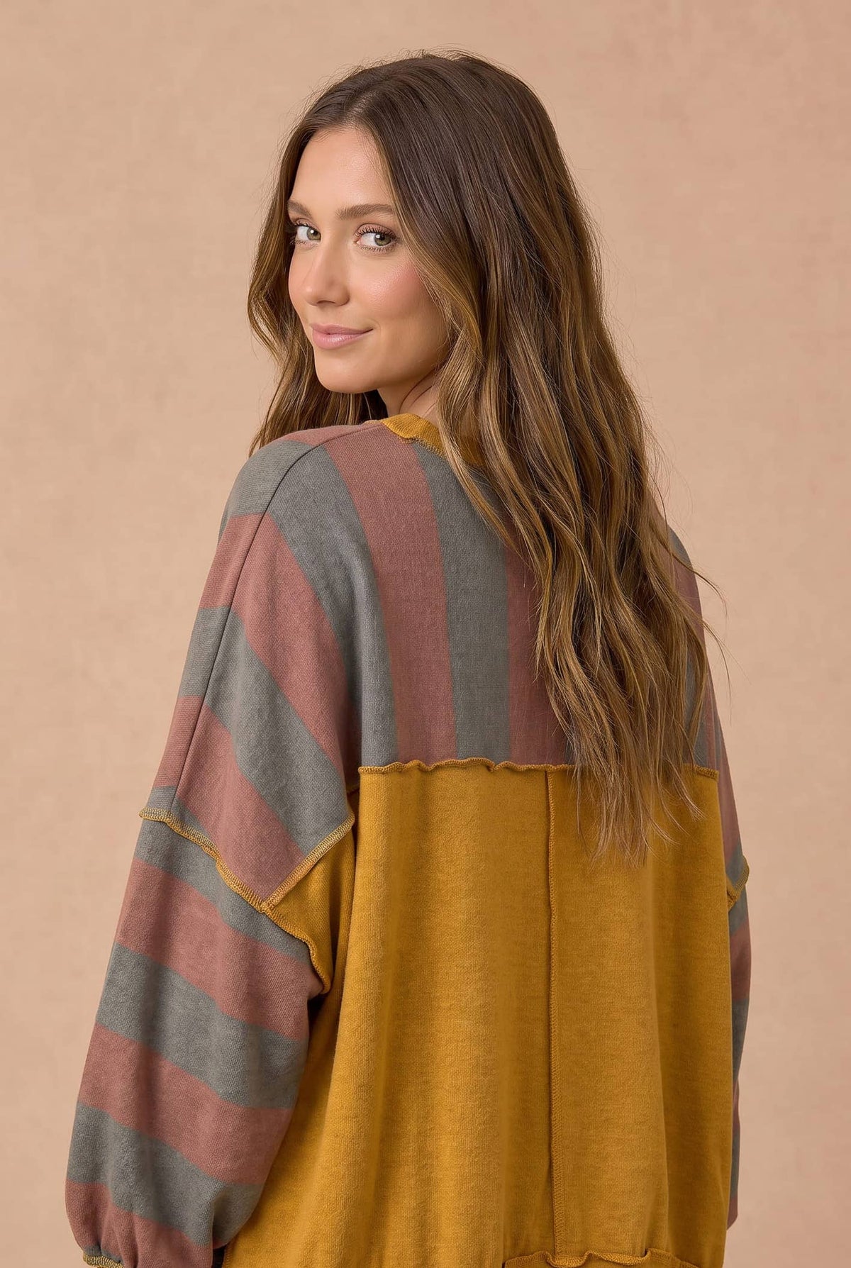 Cider Striped Color Block Hacci Pullover Top