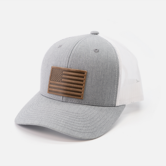 American Flag Leather Patch Hat - Grey / White