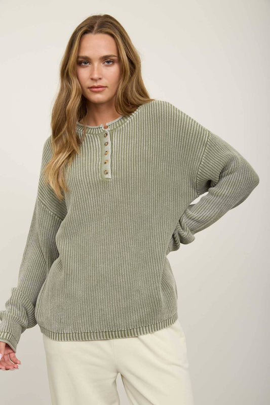 Olive WASHED RIBBED HENLEY KNIT SWEATER