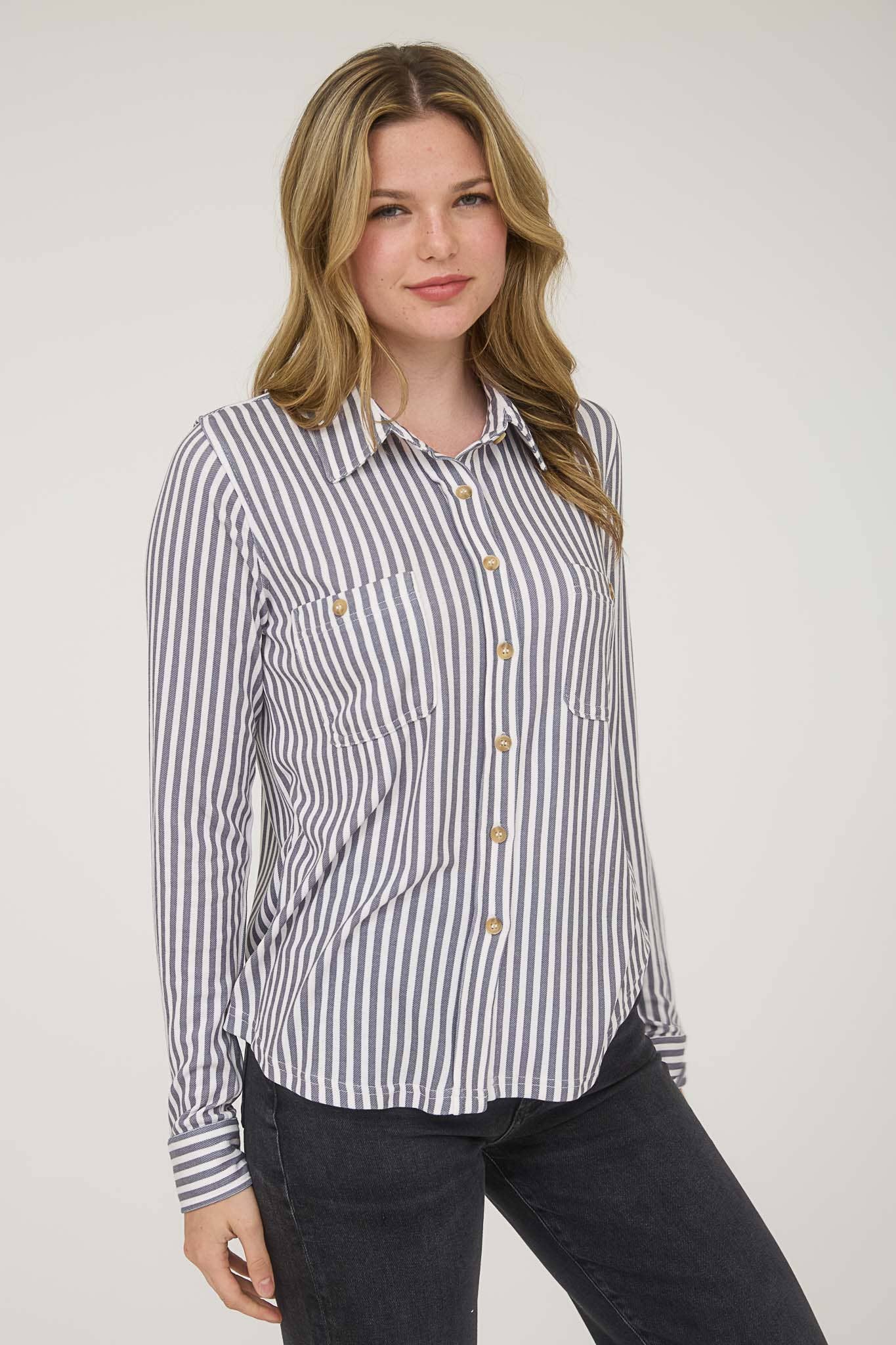Charcoal Striped Collared Long Sleeve Button Down