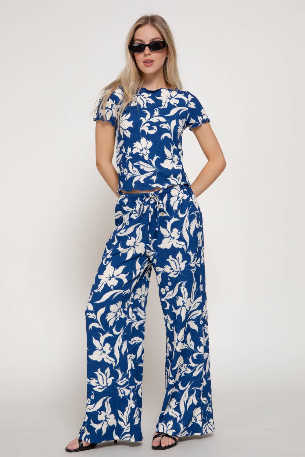 Deep Blue Texture Knit Top + Pants Set
