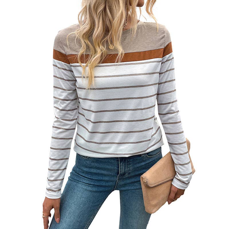 Khaki Colorblock Striped Long Sleeve Top