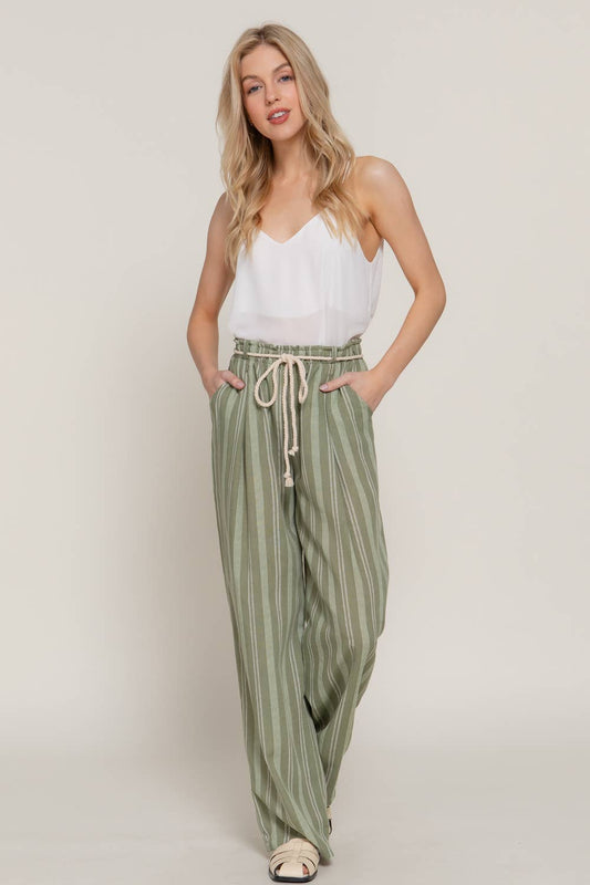 Olive Robe Belt Striped Linen Pants
