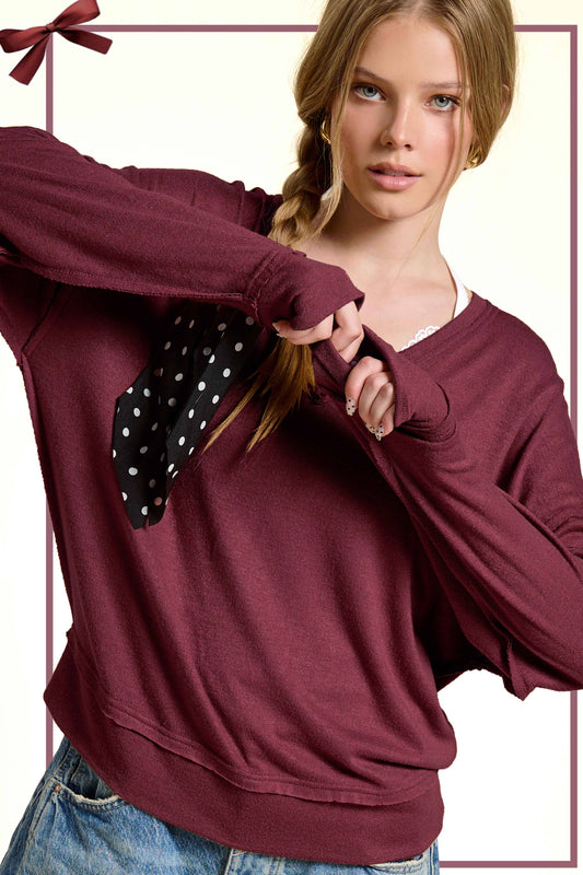 Spiced Wine V-Neck Raw Edge Long Sleeve Top
