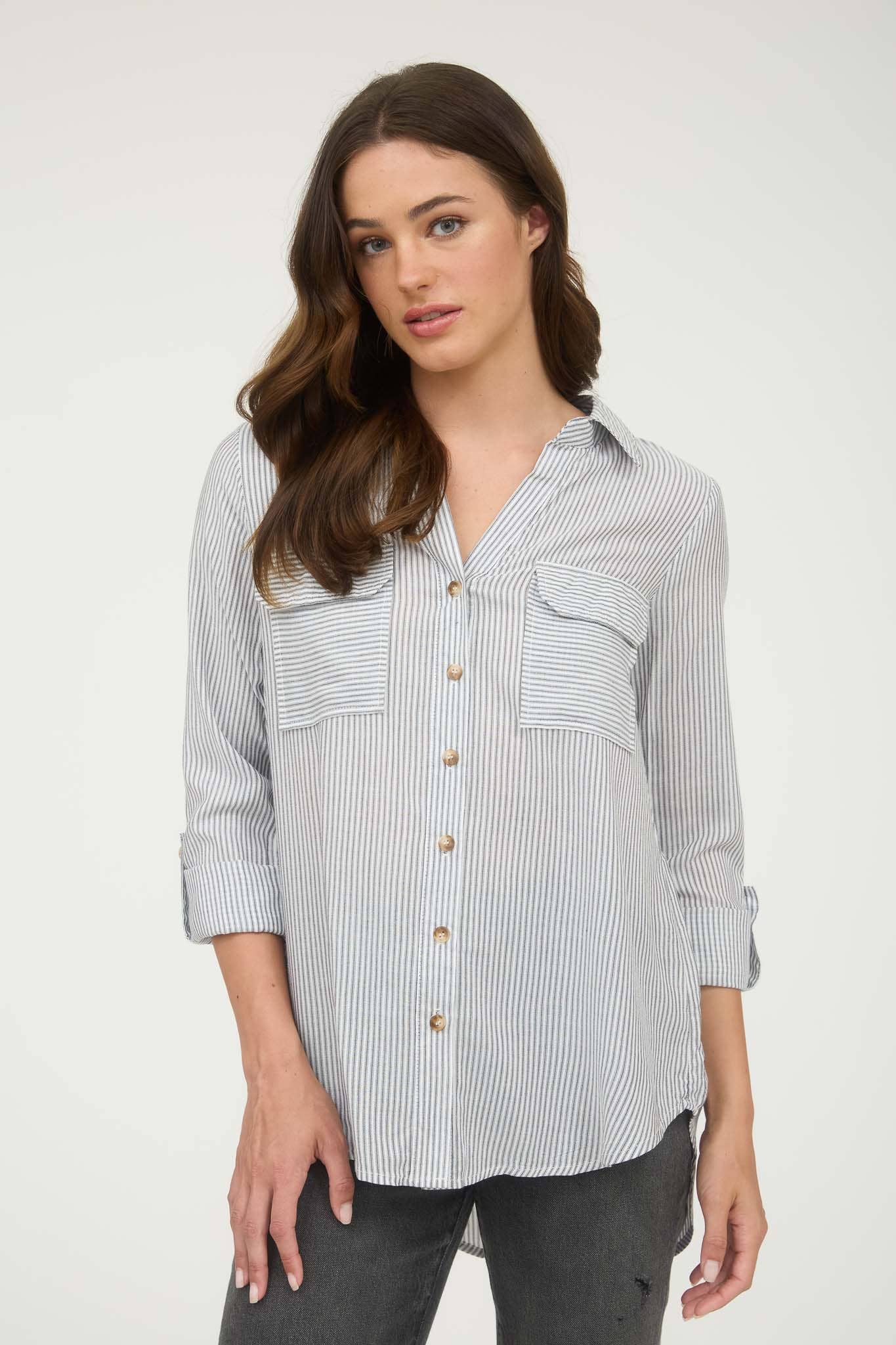 CHARCOAL STRIPED COLLARED BUTTON DOWN WITH POCKETS