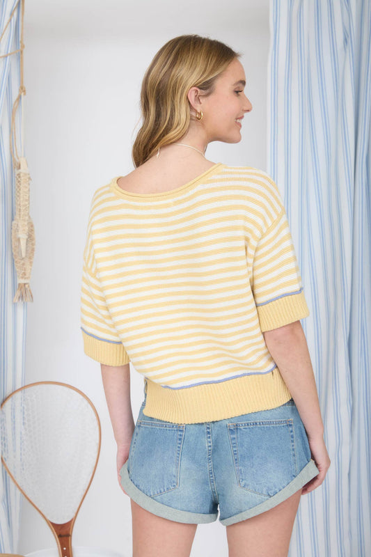 Butter Yellow Striped Raw Edge Contrast Trim Sweater