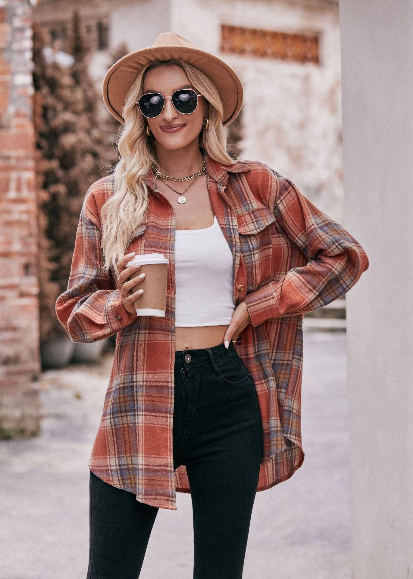 Caramel Oversized Loose Plaid Button Down