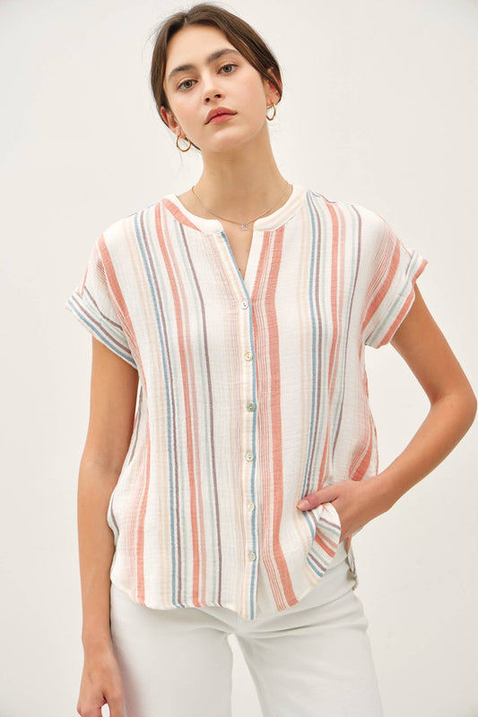 Papaya Striped Gauze V-neck Blouse