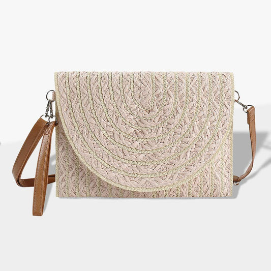 Beige Striped Two Tone Straw Clutch / Crossbody Bag
