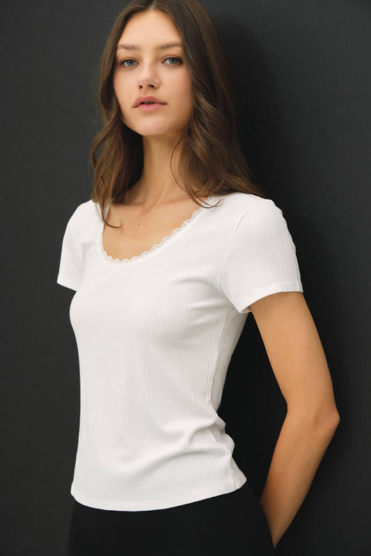 White Lace Trimmed Scoop Neck Top