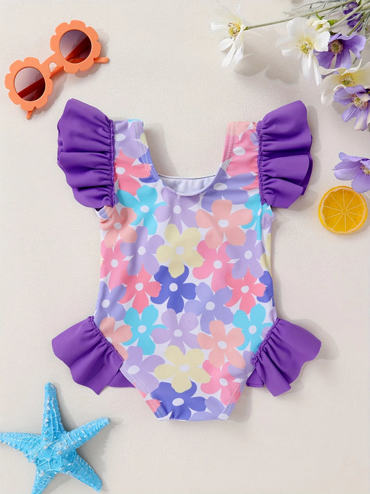 Flower Power Purple Ruffle Trim Swimsuit