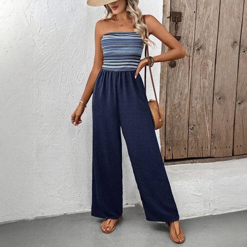 Navy Elastic Waist Tube Top Jumpsuit