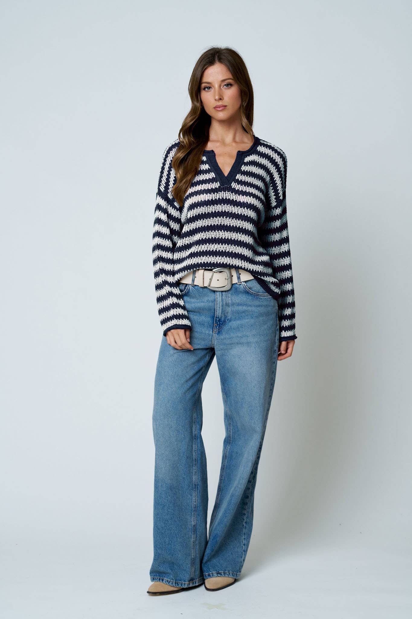 Navy Striped Split Neck Sweater