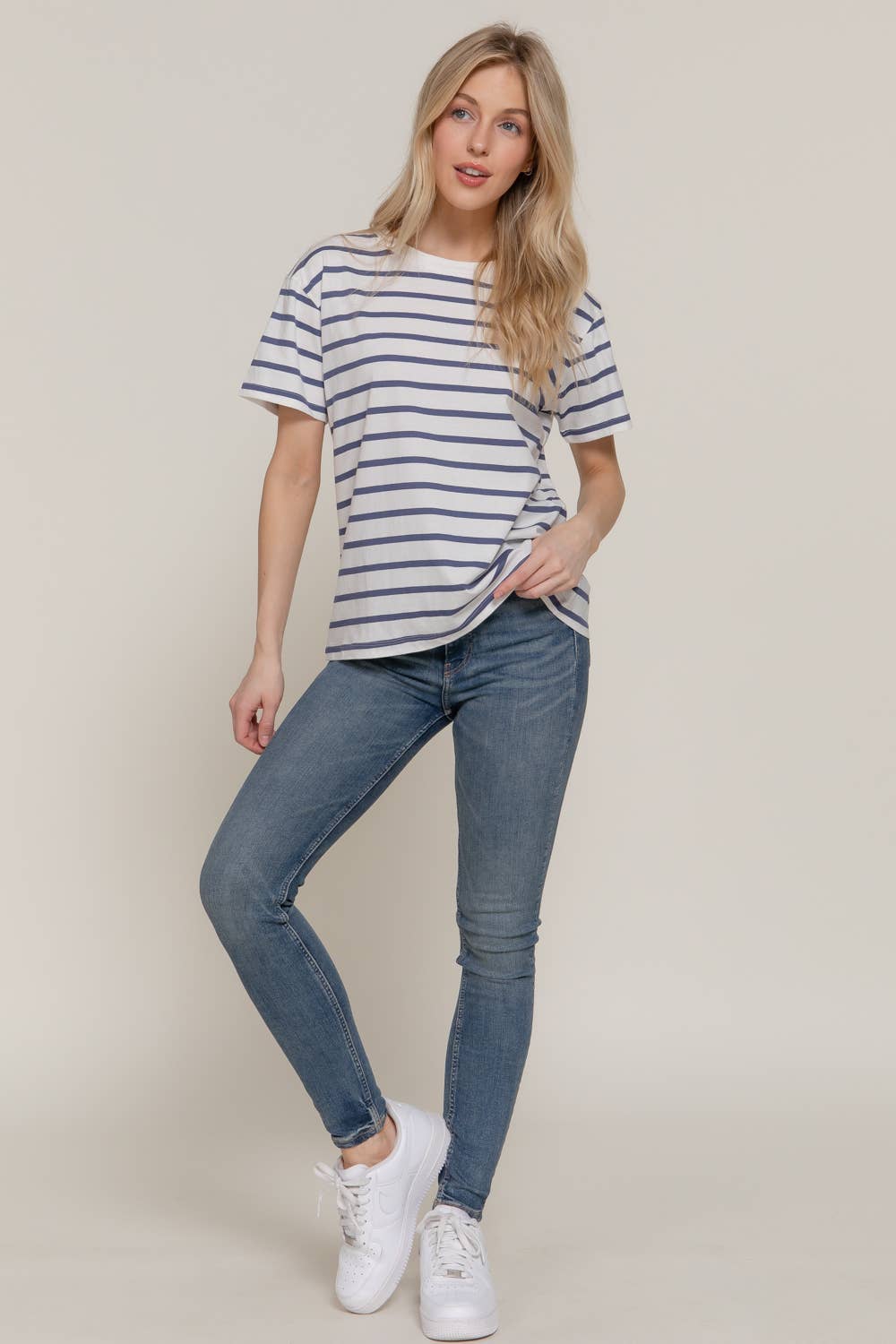 Blue Short Sleeve Striped Oversized Top