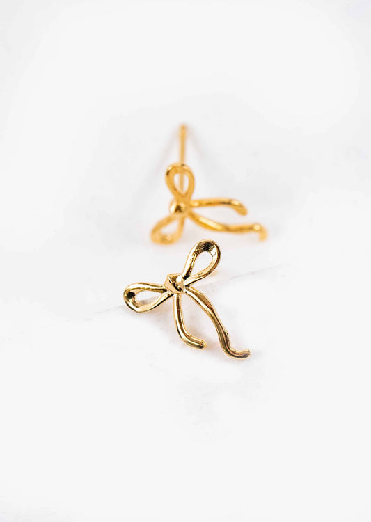 Gold Curled Bow Charm Earrings