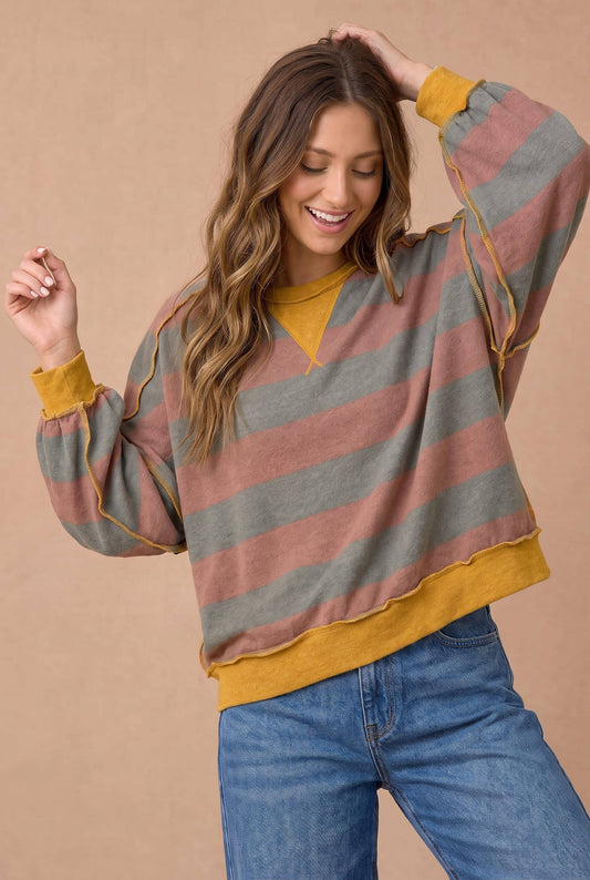 Cider Striped Color Block Hacci Pullover Top