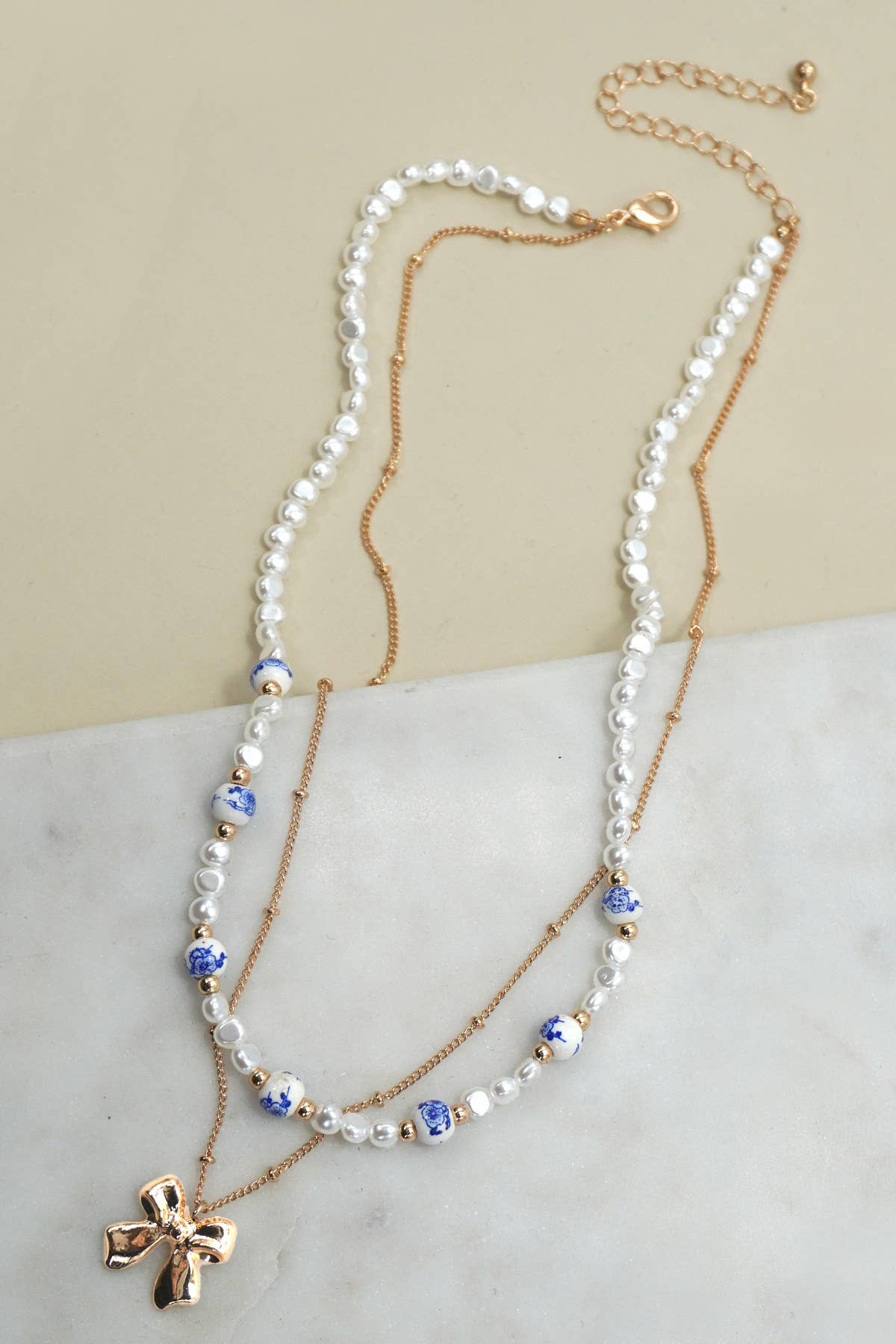 Blue Pearl + Porcelain Layered Bow Necklace