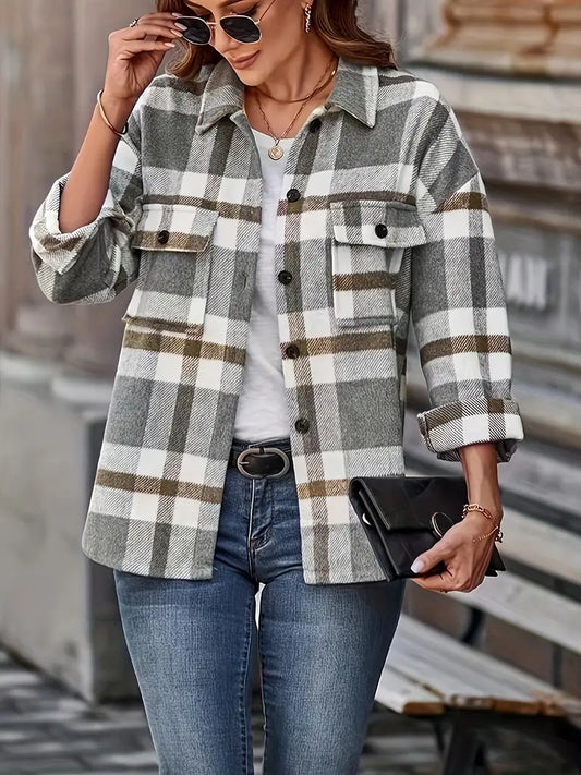 Grey & Tan Plaid Button Down Shacket