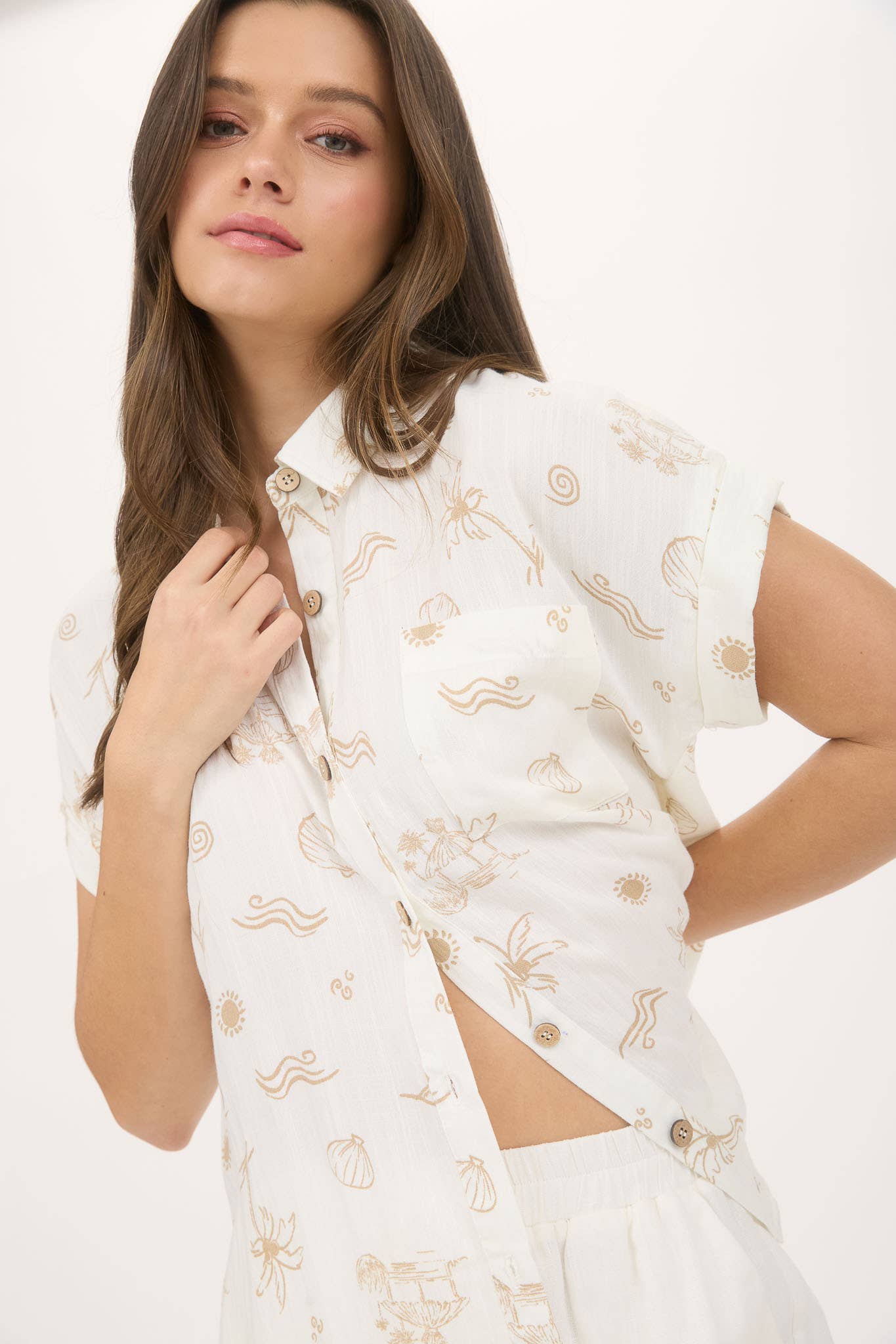 Natural Beachy Print Collared Blouse