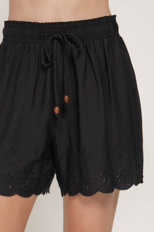 Black Eyelet Hem Woven Shorts