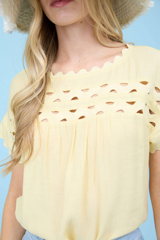 Butter Scallop Trim Cut Out Short Sleeve Blouse
