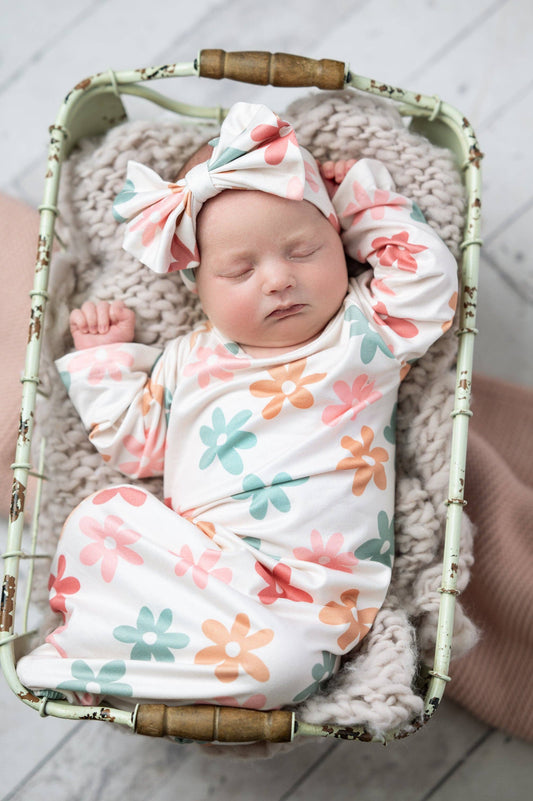 Flower Power Infant Baby Gown + Bow Headband Set