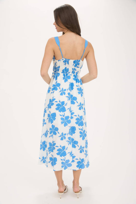 Blue Floral Front Tie Sweetheart Midi Dress