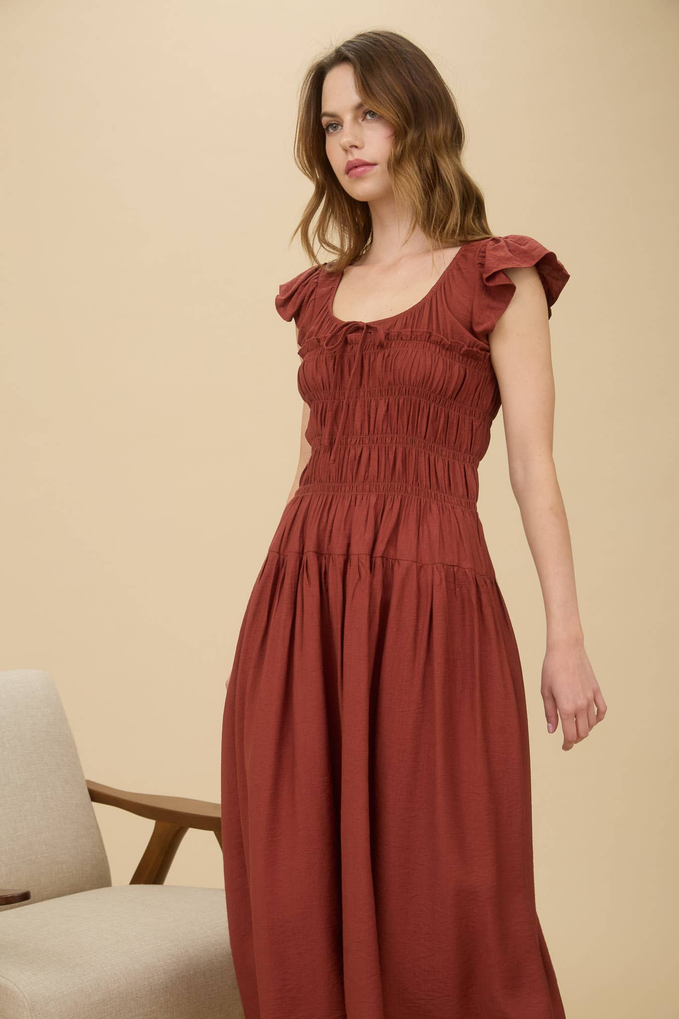 Sienna Shirred Bodice Ruffle Sleeve Midi Dress