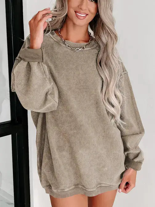 Mocha Ribbed Knit Oversized Pullover Sweatshirt