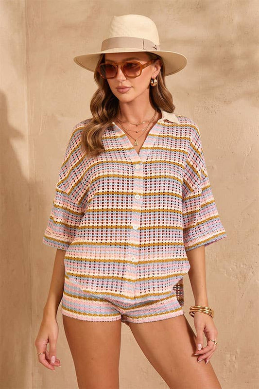 Striped Open-Knit Button Up Short Set