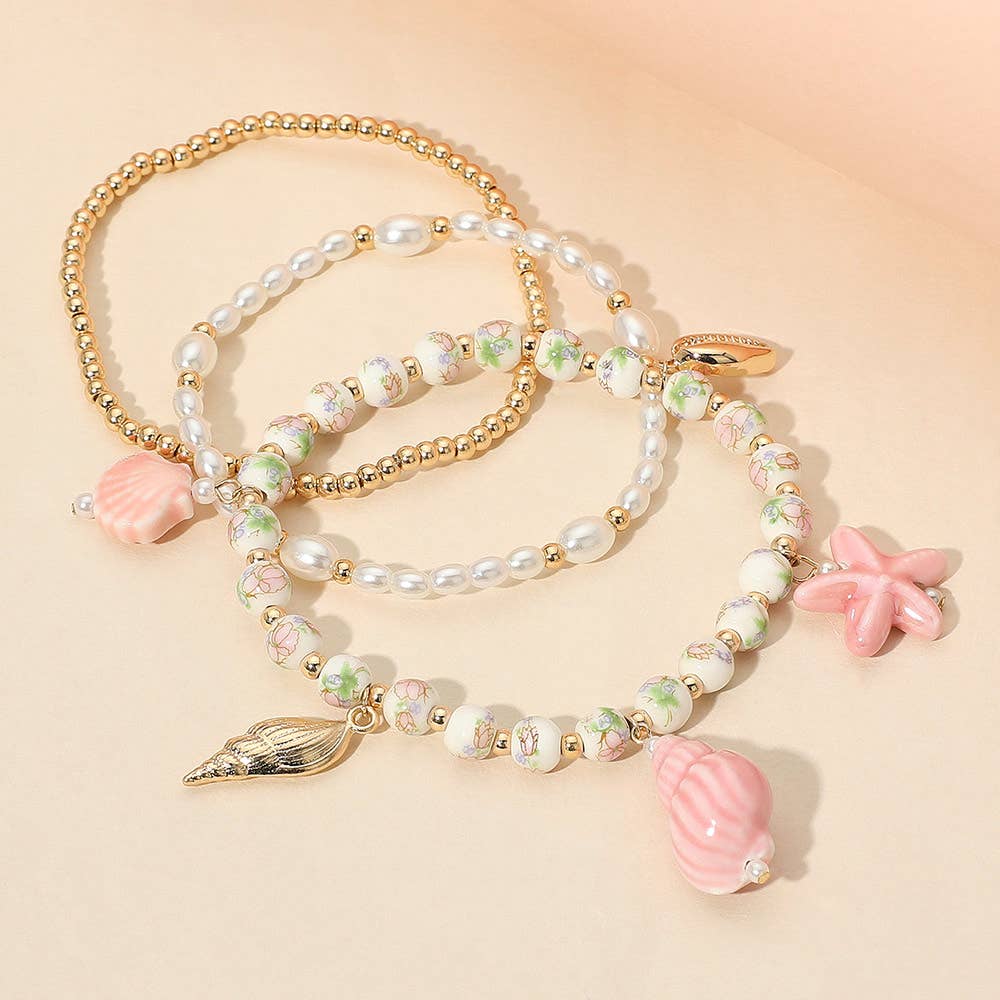 Pink Shell Charm Stretch Multi Layered Bracelets