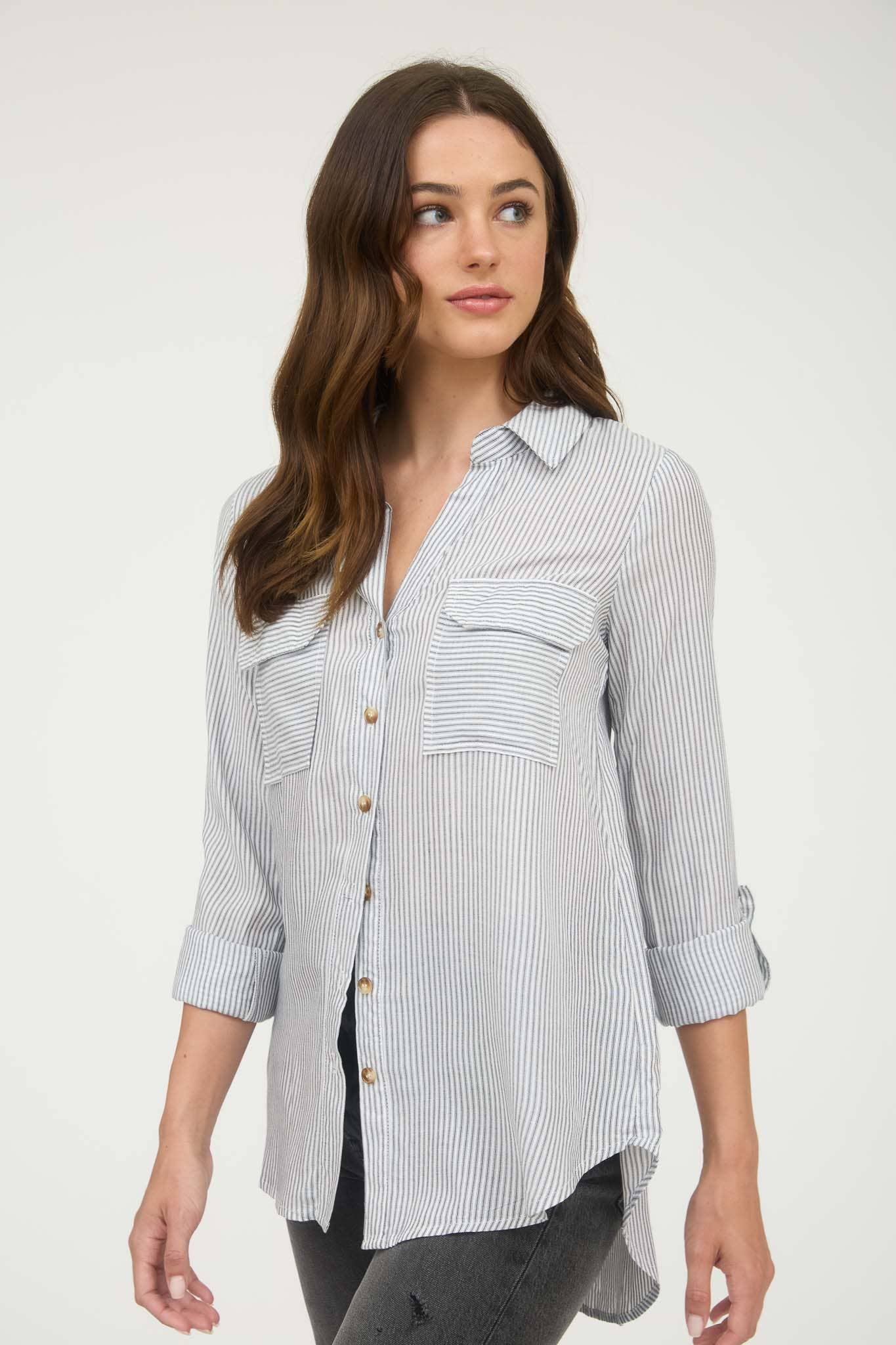 CHARCOAL STRIPED COLLARED BUTTON DOWN WITH POCKETS