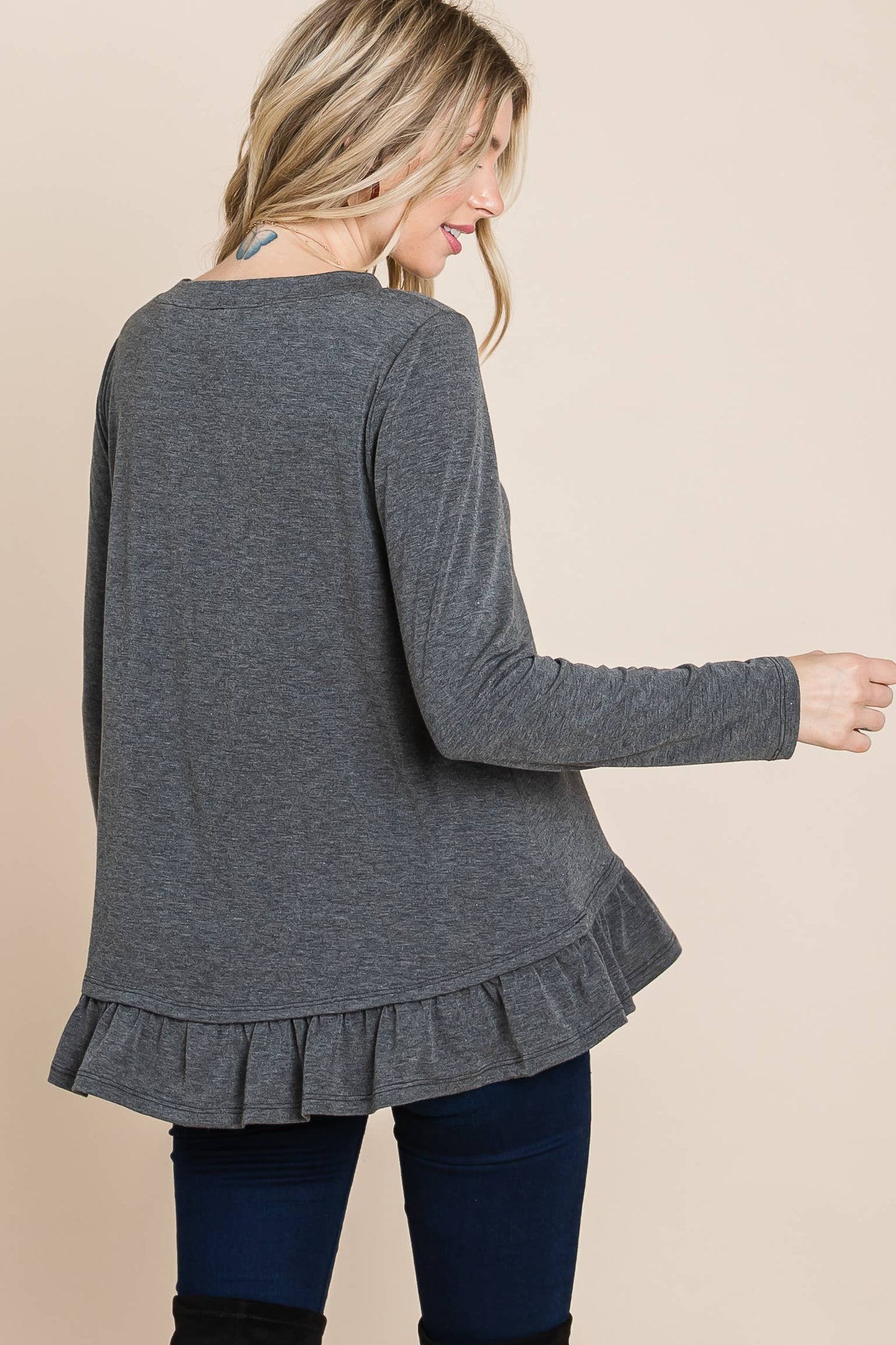 Charcoal Long Sleeve Top with Ruffle Hem Trim