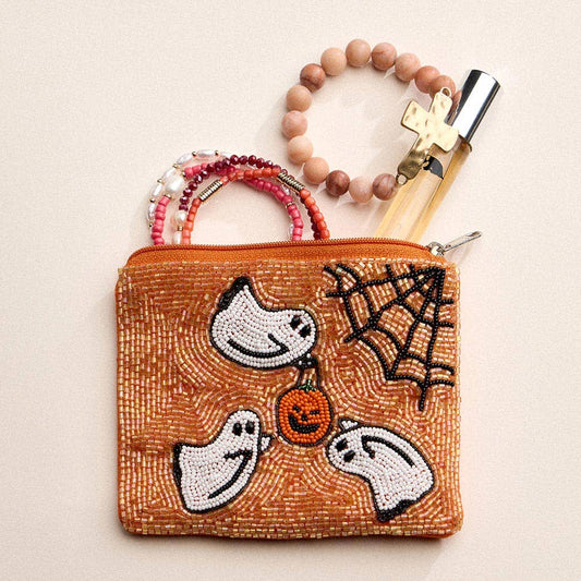 Halloween Ghost Pumpkin Seed Bead Coin Pouch