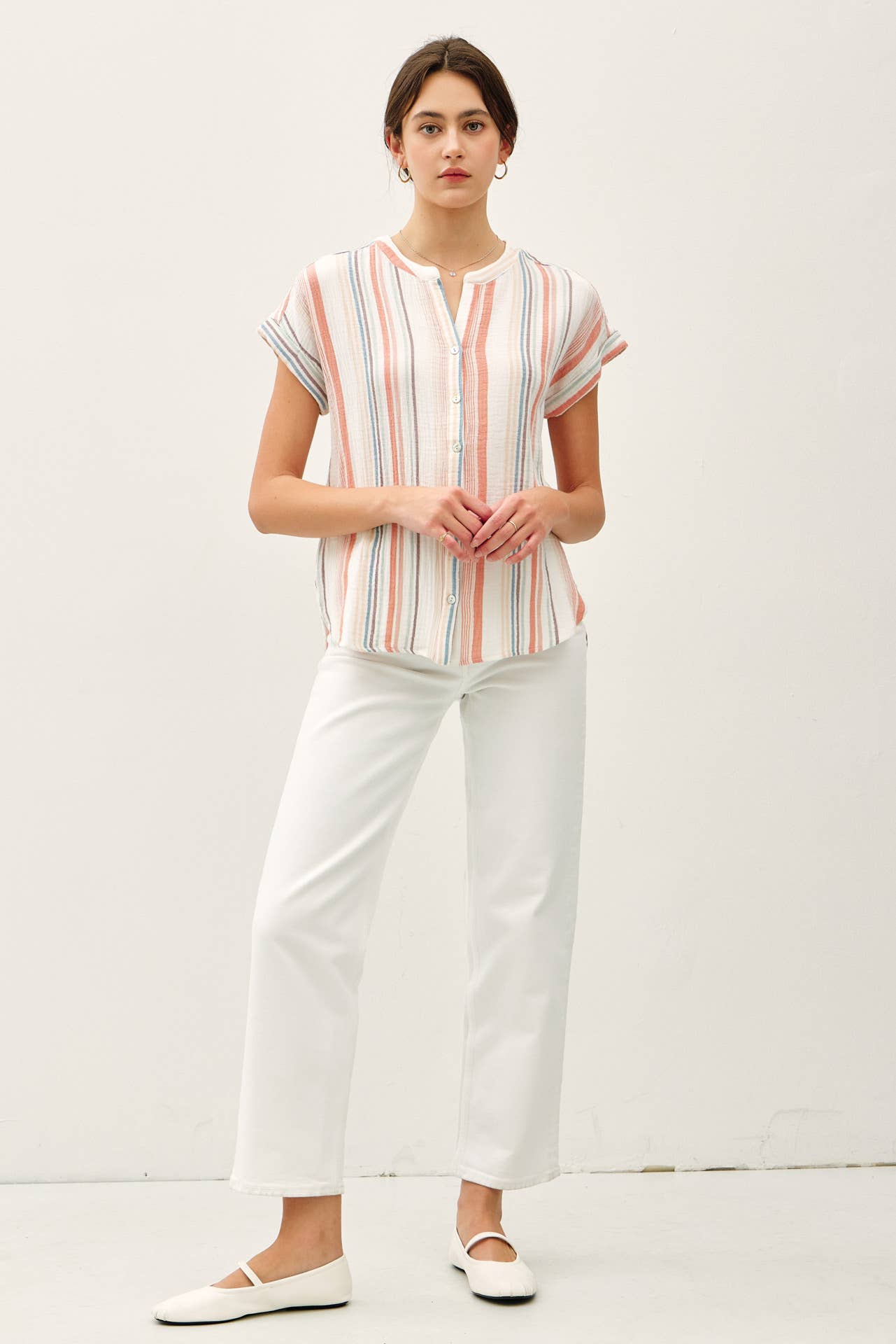 Papaya Striped Gauze V-neck Blouse