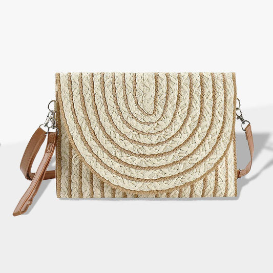 Beige Striped Two Tone Straw Clutch / Crossbody Bag